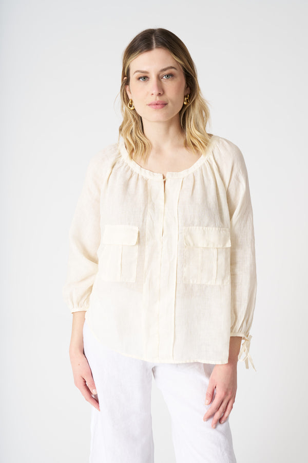 120% lino Blouse with Applied Pockets ECRU