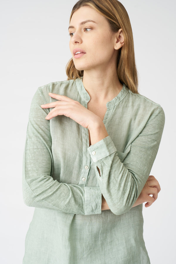 120% Lino Blouse With Side Slits PISTACHE SOFT FADE