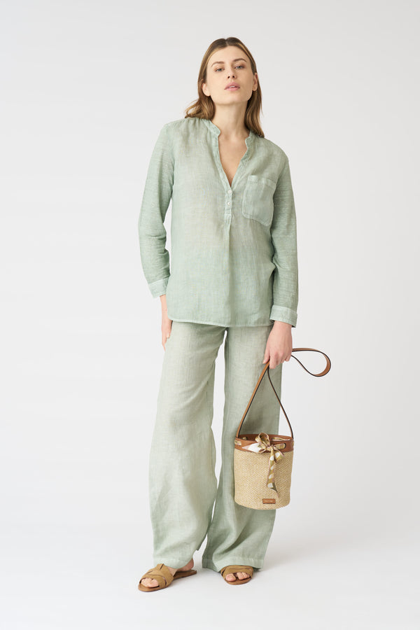 120% Lino Blouse With Side Slits PISTACHE SOFT FADE