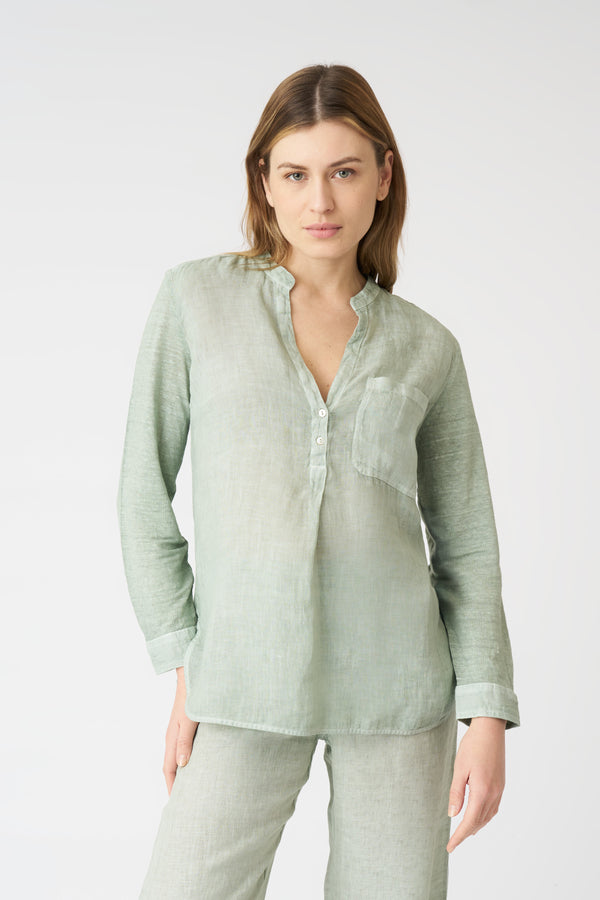 120% lino Blouse with Side Slits PISTACHE SOFT FADE