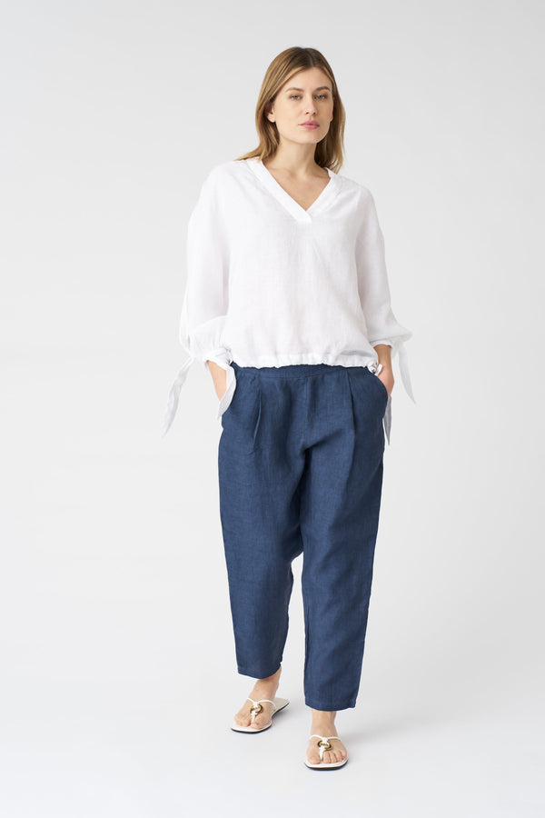 120% Lino Blouse With Sleeve Tie-Fronts WHITE