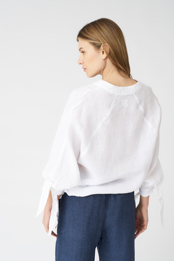 120% Lino Blouse With Sleeve Tie-Fronts WHITE