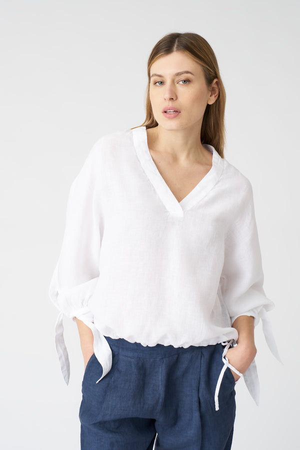 120% lino Blouse with Sleeve Tie-Fronts WHITE