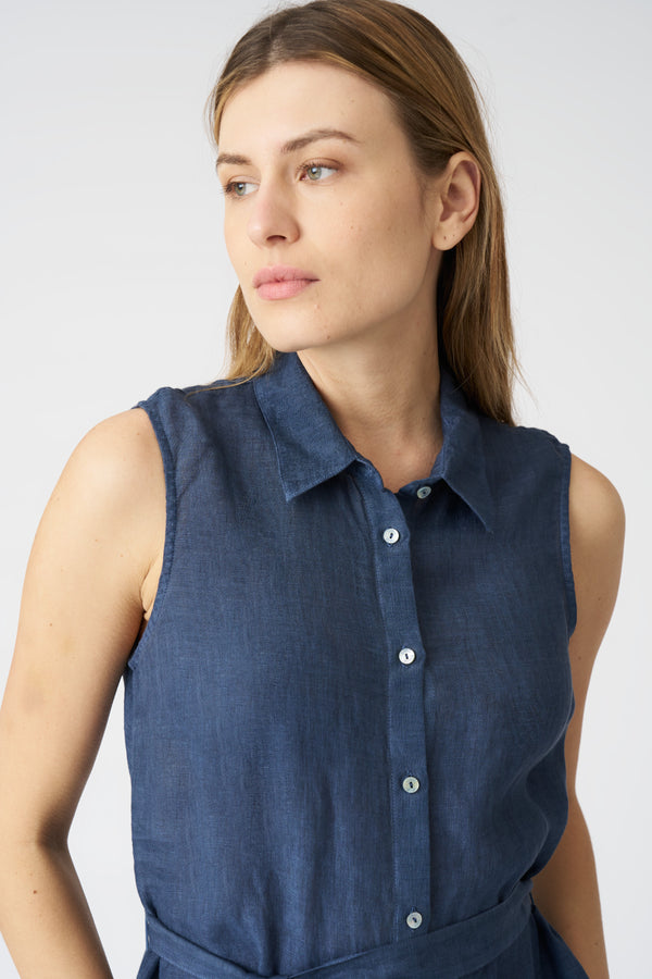 120% Lino Chemisier Shirt Dress With Belt NAVY FADE
