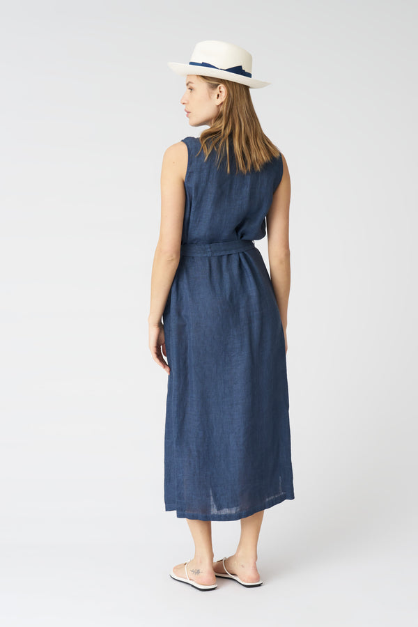 120% Lino Chemisier Shirt Dress With Belt NAVY FADE