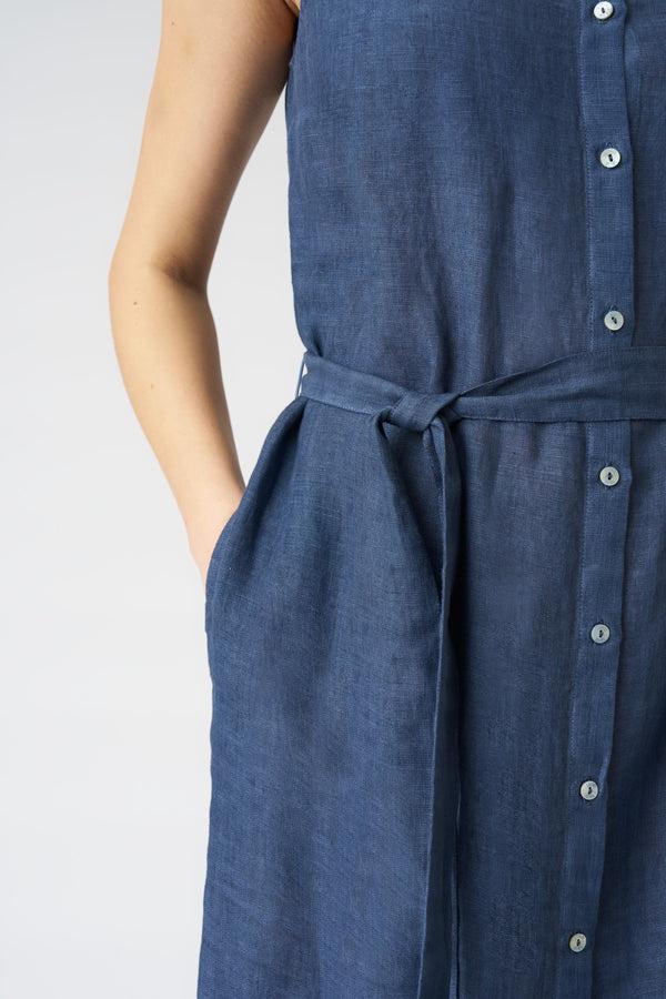 120% Lino Chemisier Shirt Dress With Belt NAVY FADE