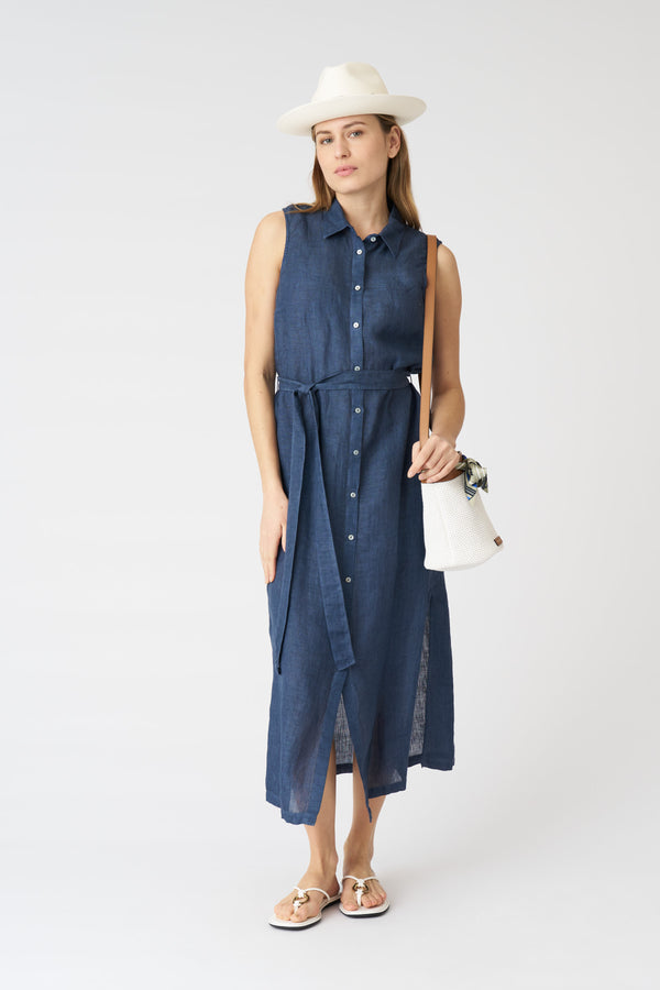 120% lino Chemisier Shirt Dress with Belt NAVY FADE