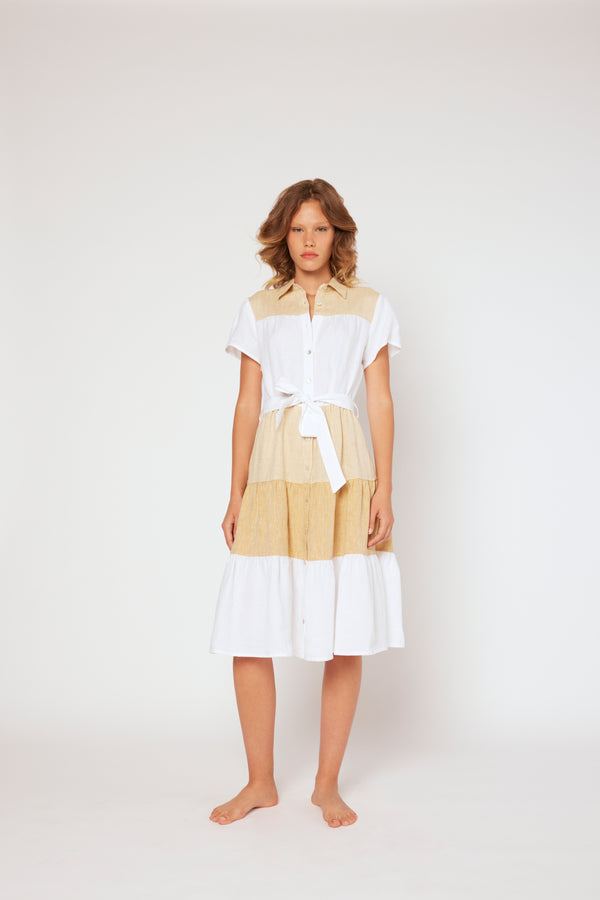 120% Lino Color Block Shirt Dress DELFI BLUE