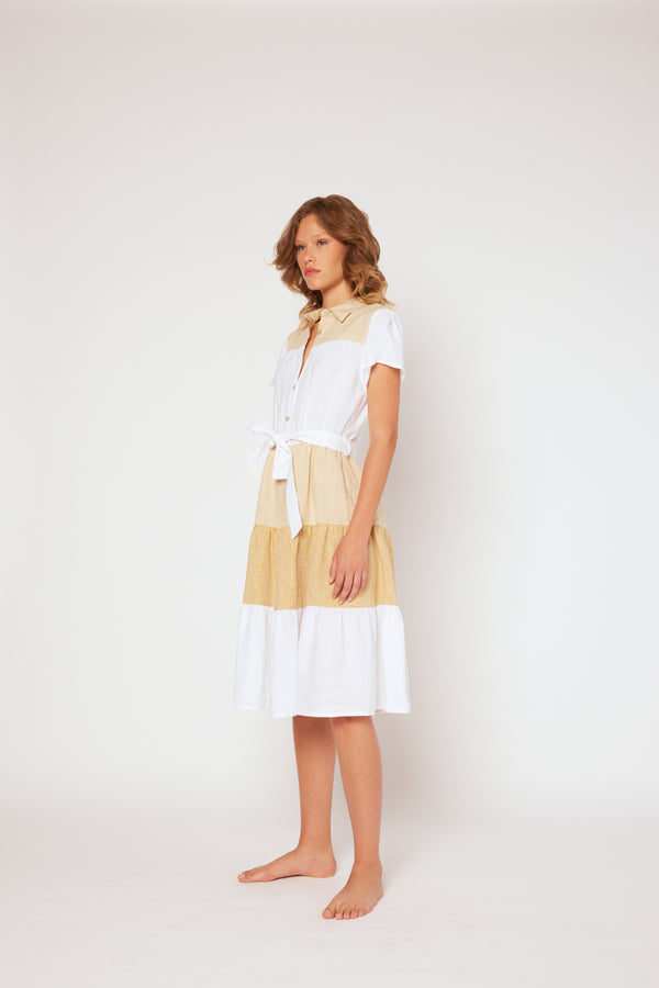 120% lino Color Block Shirt Dress DELFI BLUE