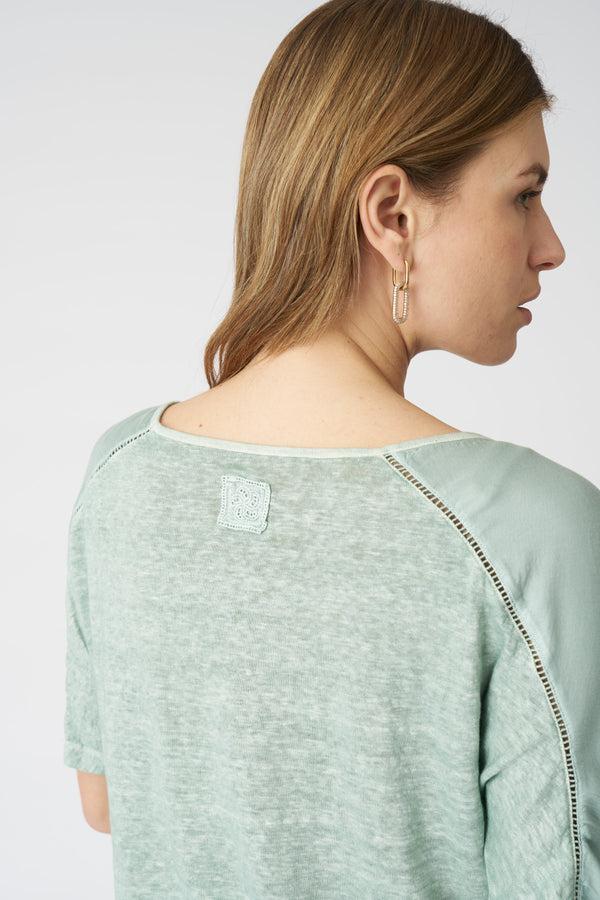 120% Lino Contrast Panel T-Shirt PISTACHE