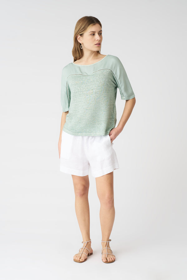 120% Lino Contrast Panel T-Shirt PISTACHE