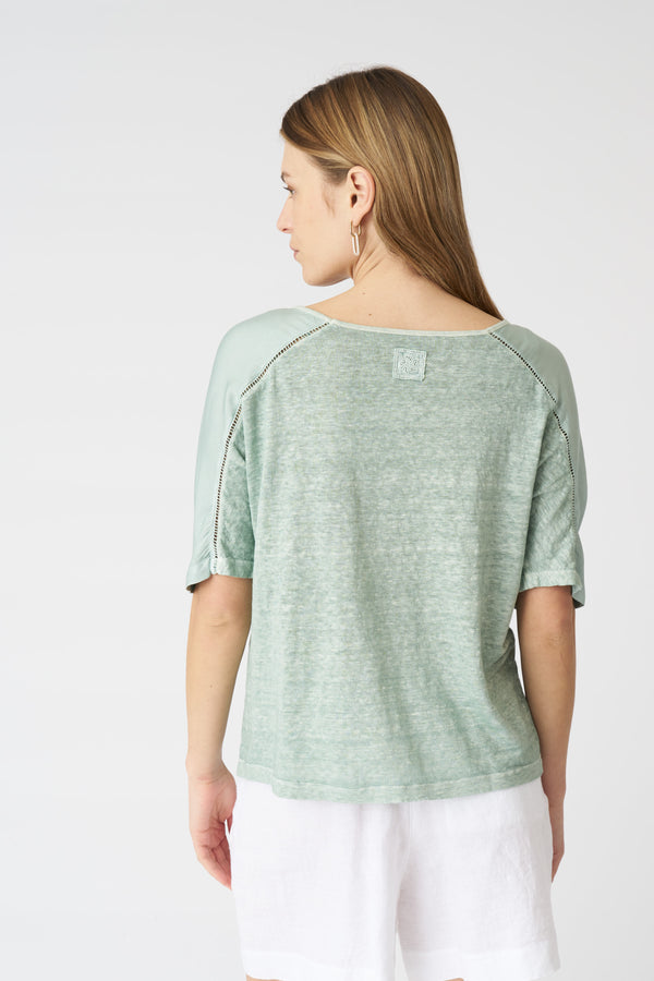 120% Lino Contrast Panel T-Shirt PISTACHE