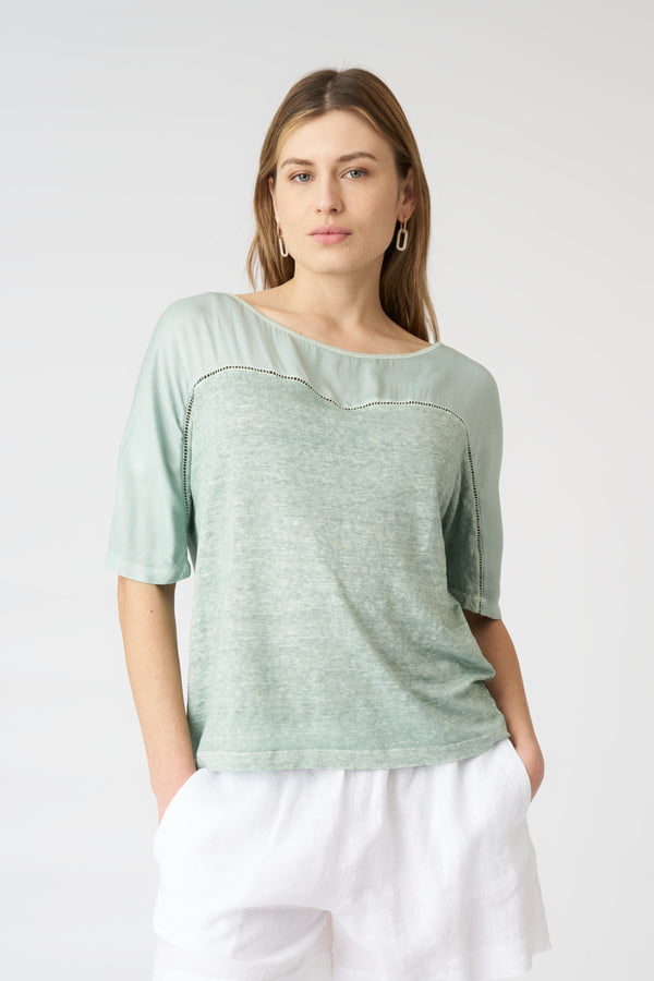 120% lino Contrast Panel T-Shirt PISTACHE