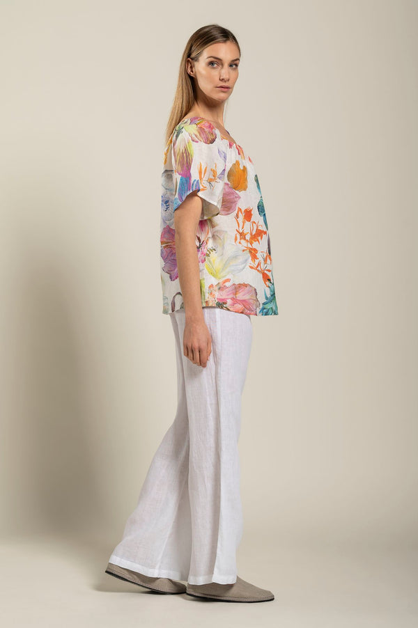 120% Lino Floral Printed Women Blouse PRINT