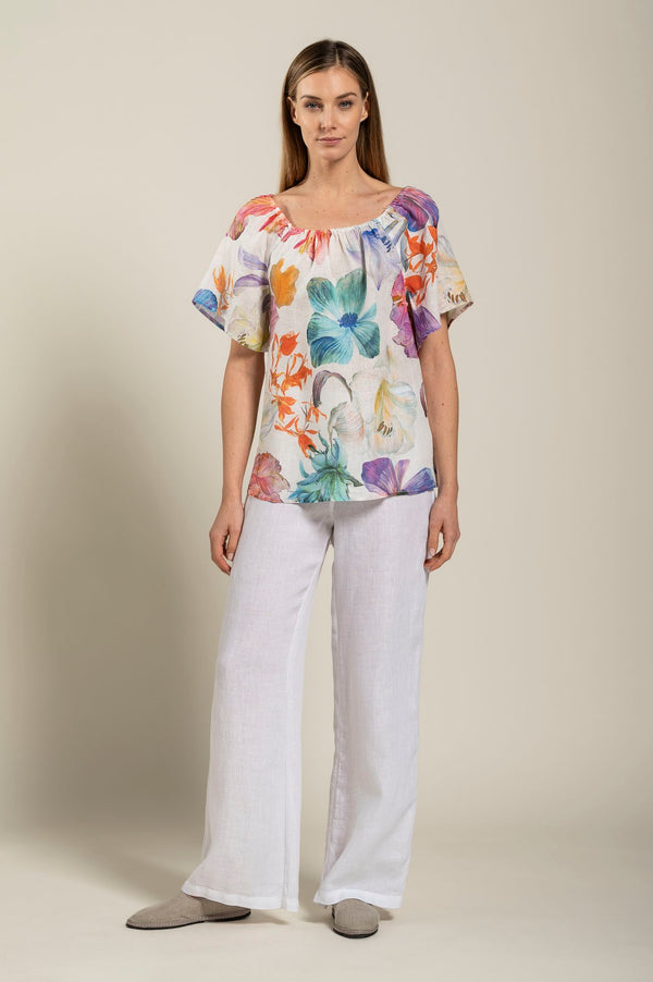 120% Lino Floral Printed Women Blouse PRINT