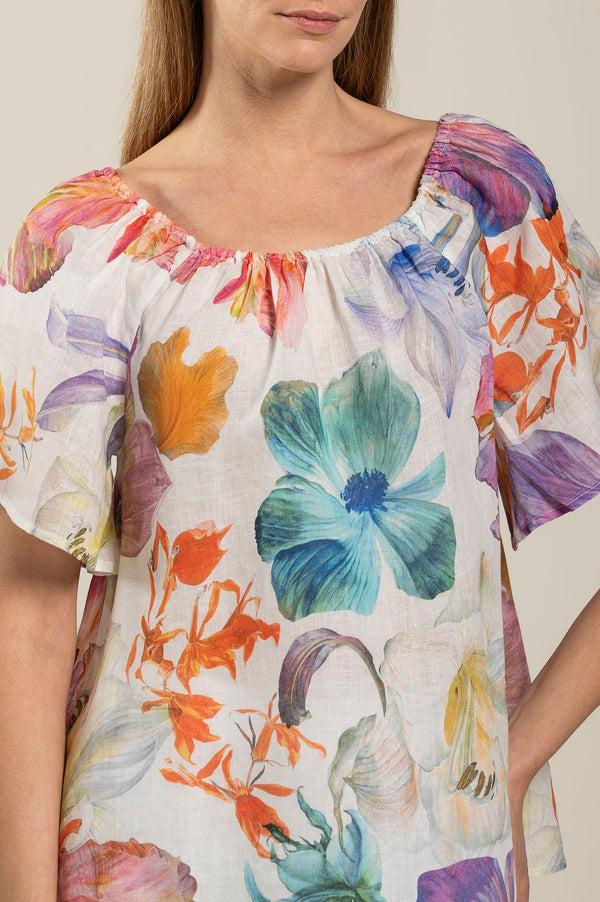 120% lino Floral Printed Women Blouse PRINT