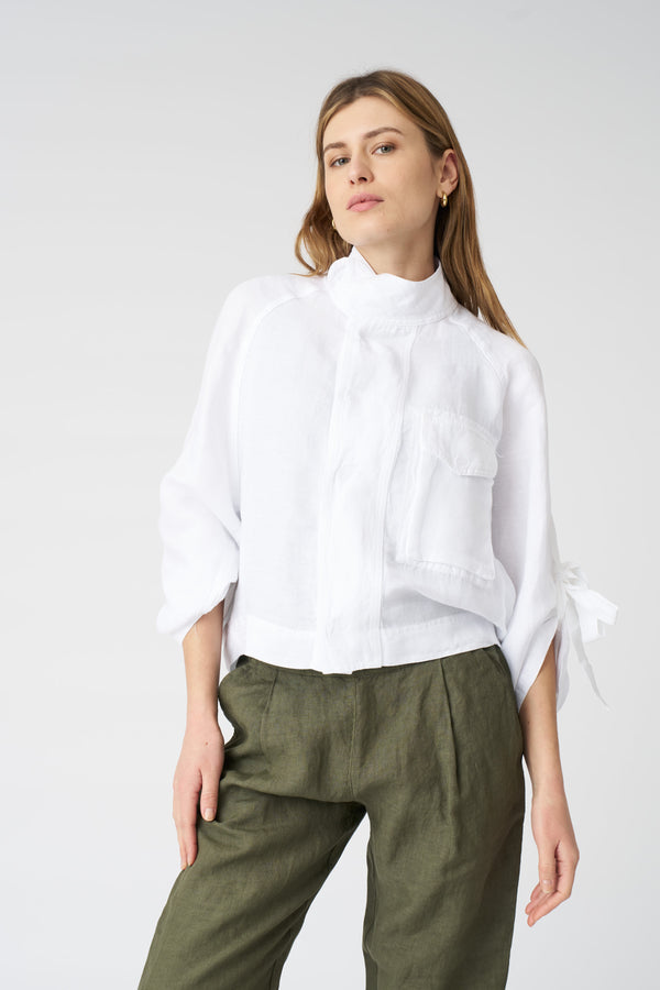 120% lino Jacket with Tie-Front Sleeves WHITE
