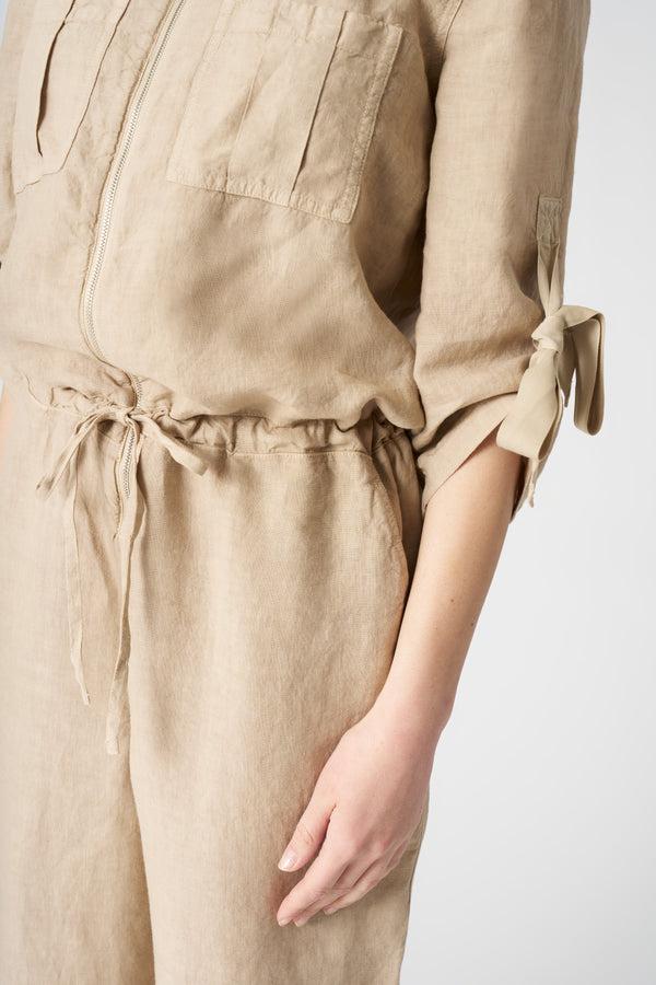 120% Lino Jumpsuit With Tied Sleeves ALMOND