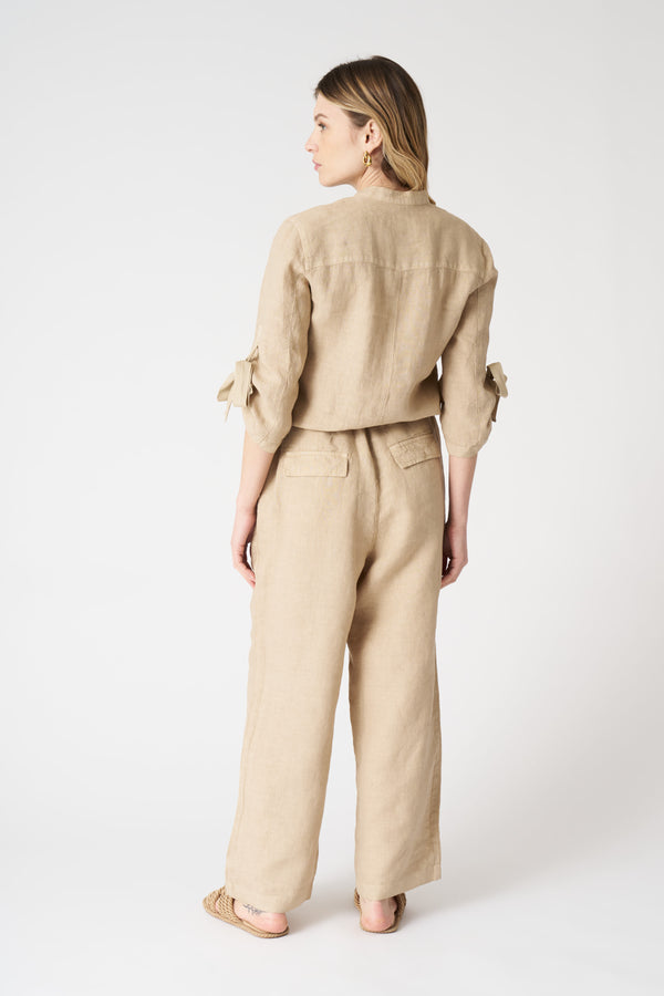 120% Lino Jumpsuit With Tied Sleeves ALMOND