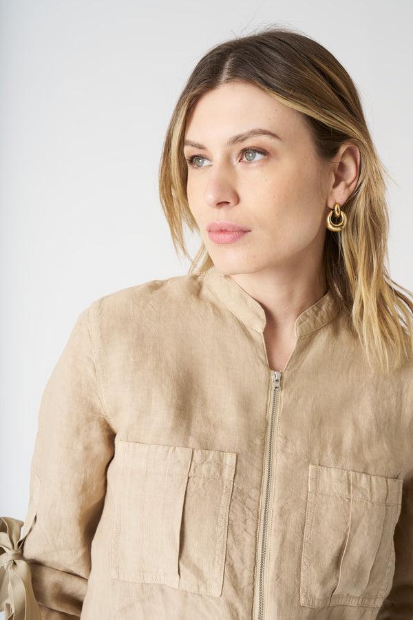 120% Lino Jumpsuit With Tied Sleeves ALMOND