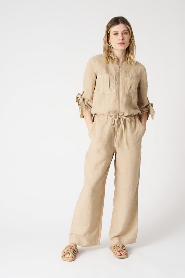 120% lino Jumpsuit with Tied Sleeves ALMOND