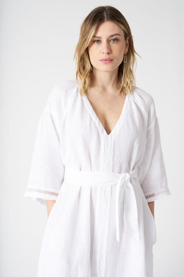 120% Lino Kimono Dress With Belt WHITE