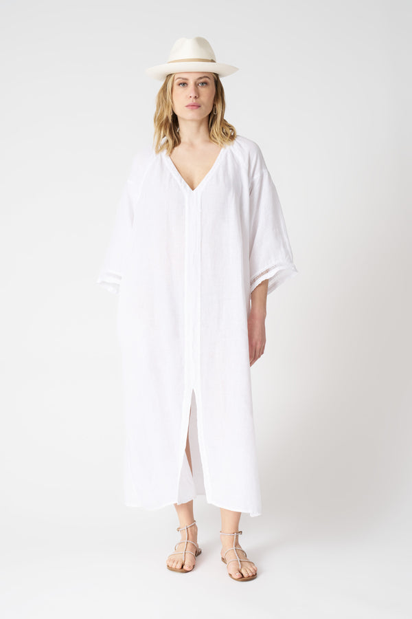 120% Lino Kimono Dress With Belt WHITE