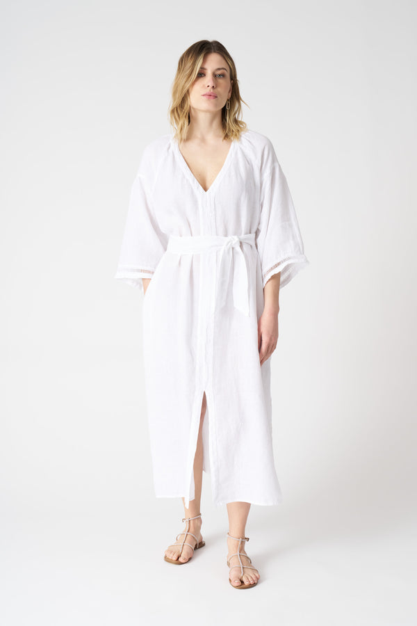 120% lino Kimono Dress with Belt WHITE