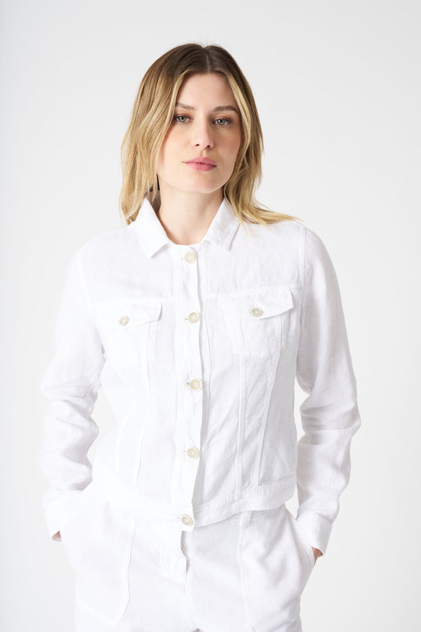 120% lino Linen Denim Style Jacket WHITE