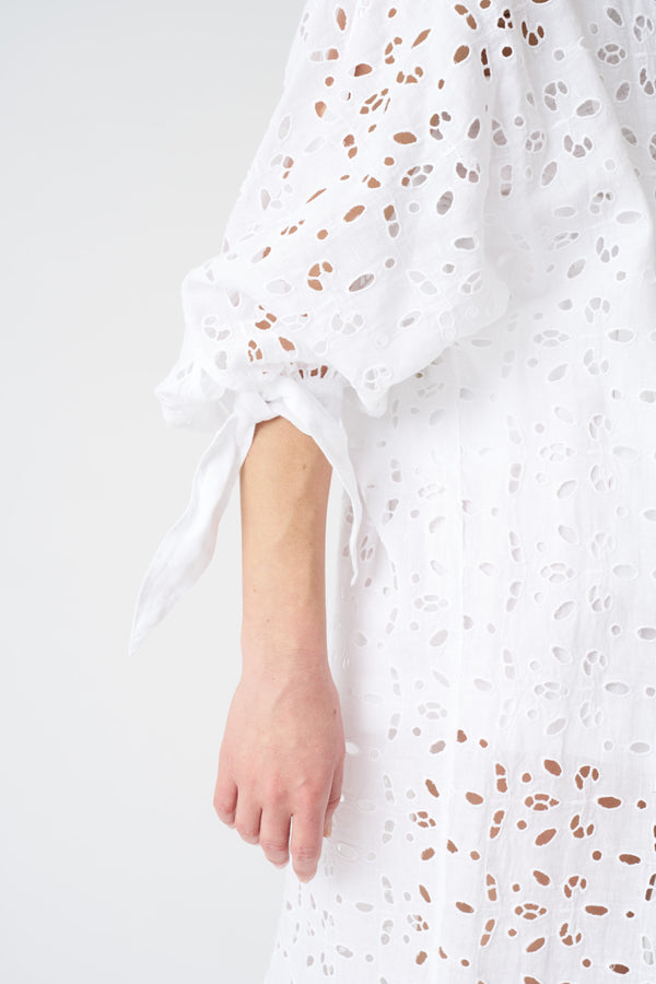 120% Lino Long Kimono With Sangallo Lace WHITE