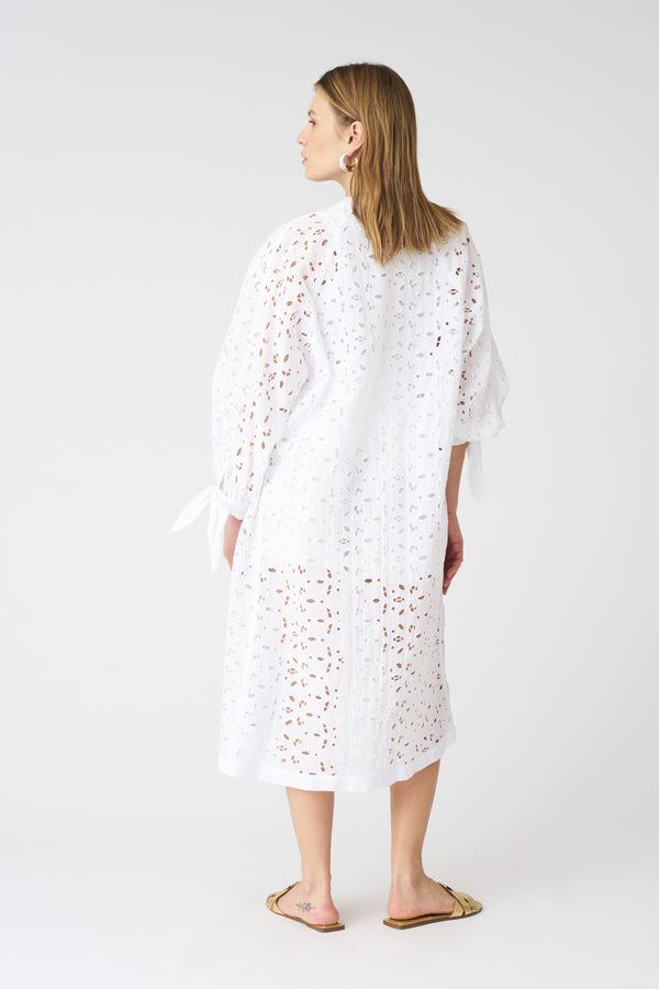 120% Lino Long Kimono With Sangallo Lace WHITE