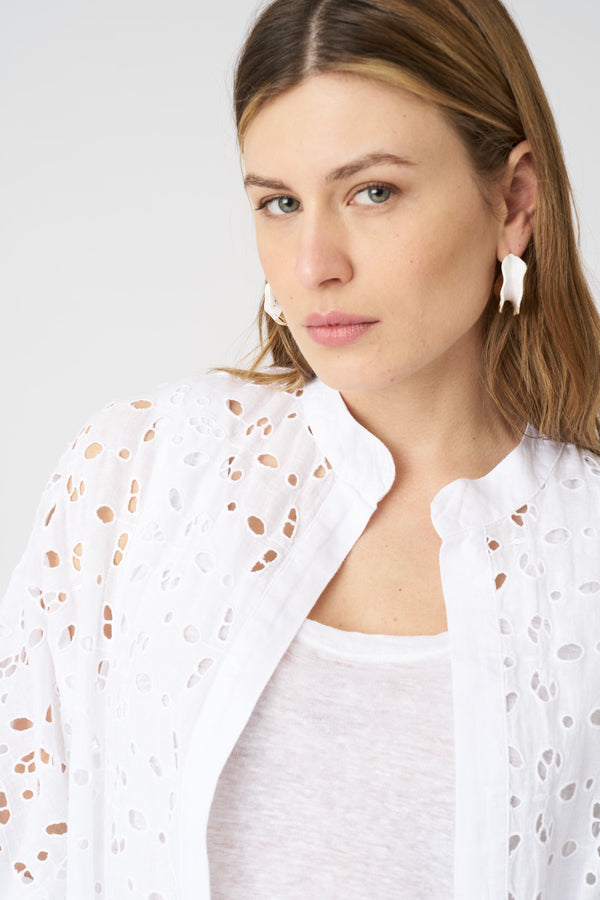 120% Lino Long Kimono With Sangallo Lace WHITE