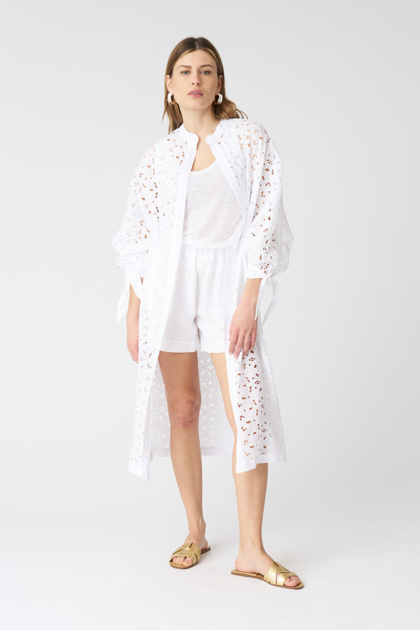 120% lino Long Kimono with Sangallo Lace WHITE