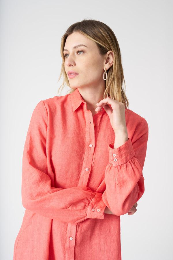 120% Lino Long Shirt Dress CORAL SOFT FADE