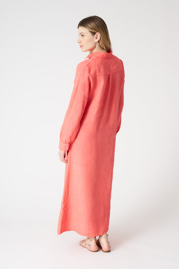 120% Lino Long Shirt Dress CORAL SOFT FADE