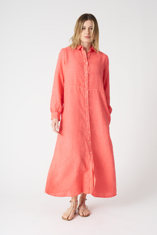 120% lino Long Shirt Dress CORAL SOFT FADE
