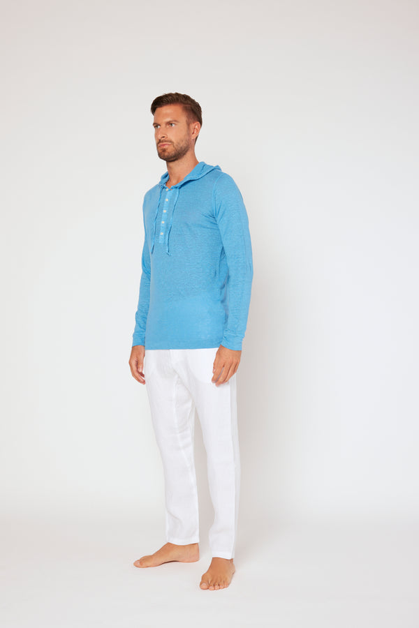 120% Lino Long Sleeve Hoodie Top INDACO