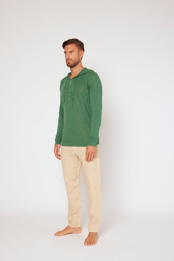 120% Lino Long Sleeve Hoodie Top INDACO