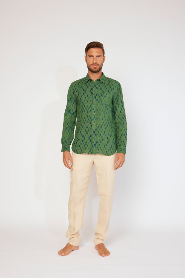 120% Lino Long Sleeve Slim Fit Shirt WHITE PRINT