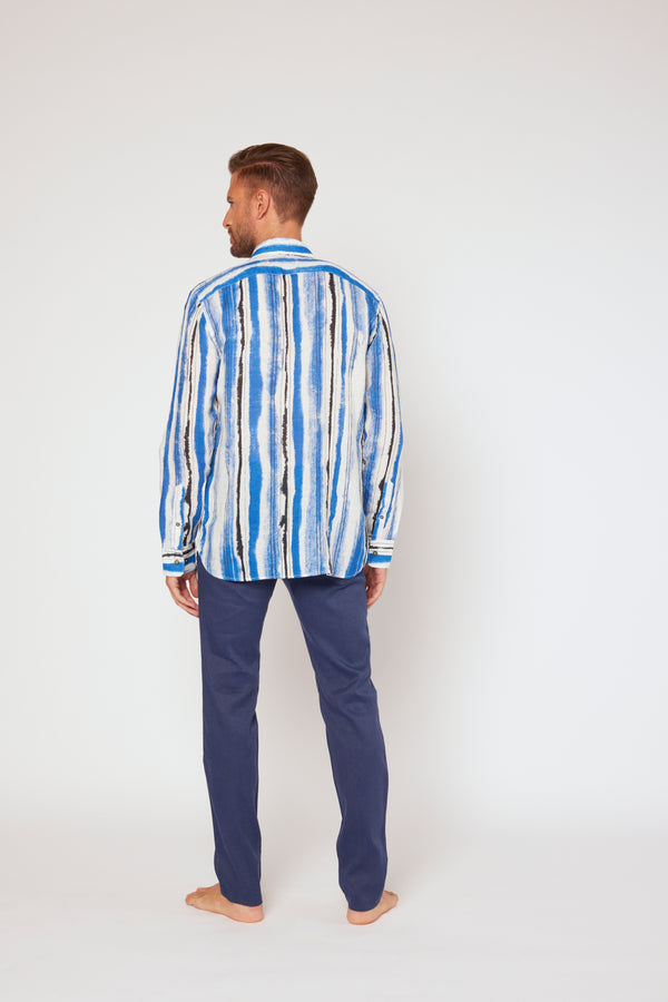 120% Lino Long Sleeve Slim Fit Shirt WHITE PRINT