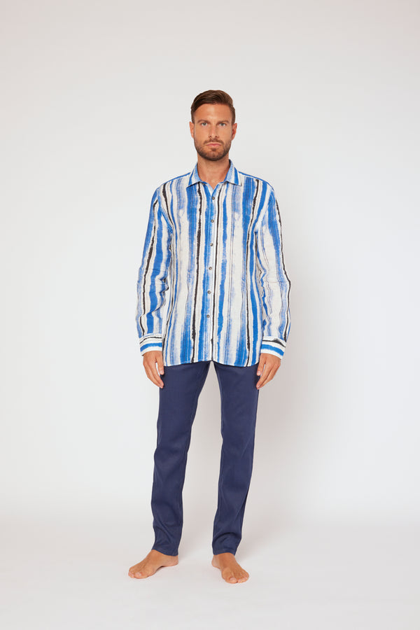 120% Lino Long Sleeve Slim Fit Shirt WHITE PRINT