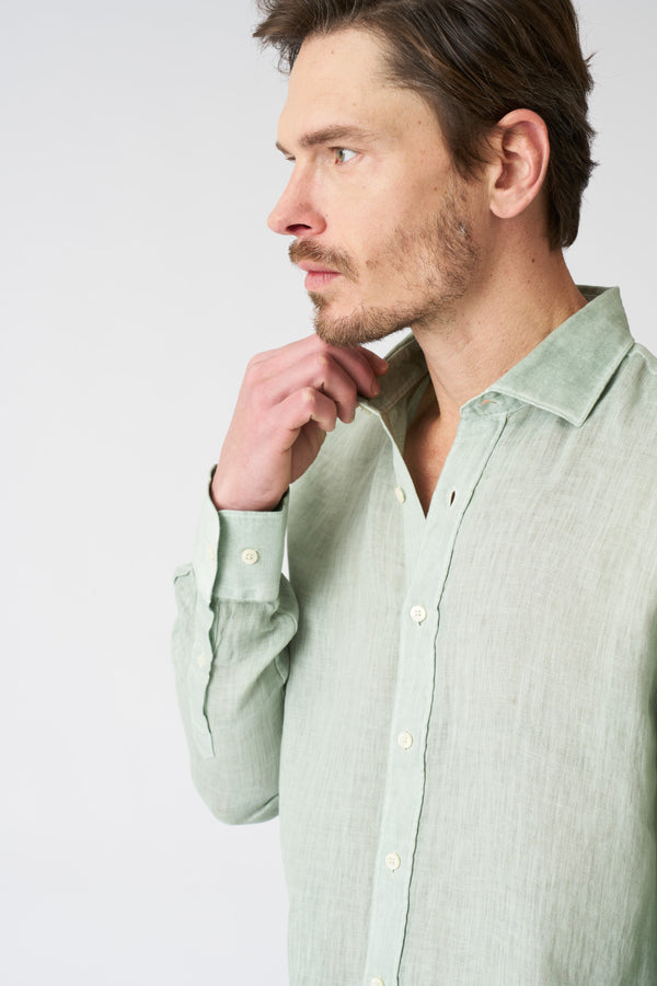 120% Lino Melange Slim Fit Shirt PISTACHE SOFT FADE