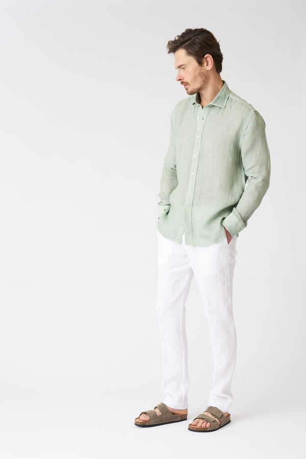 120% Lino Melange Slim Fit Shirt PISTACHE SOFT FADE