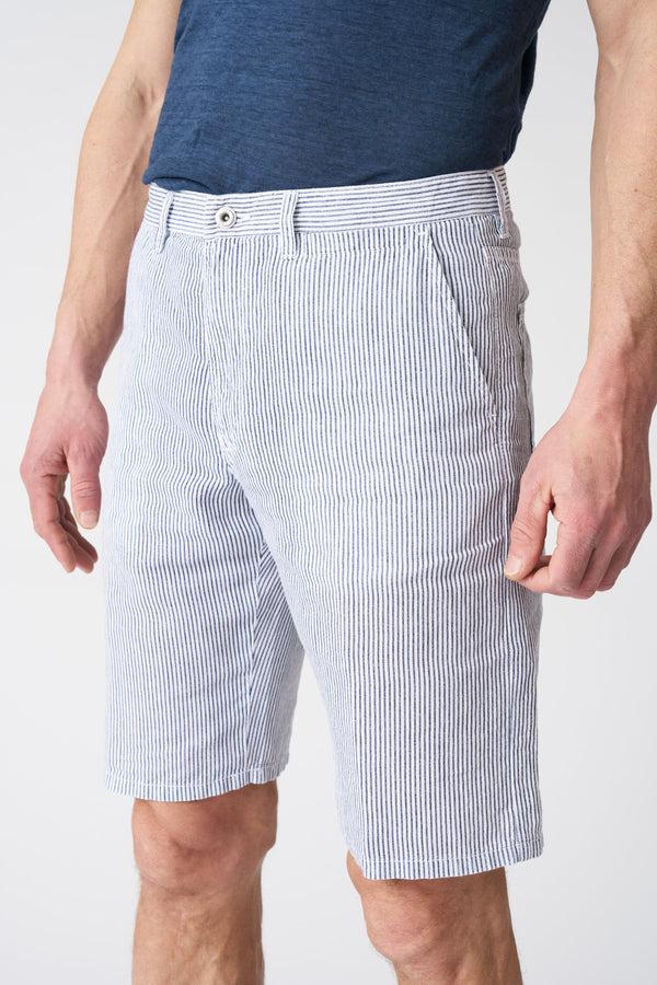 120% Lino Navy Stripe Linen Short WHITE
