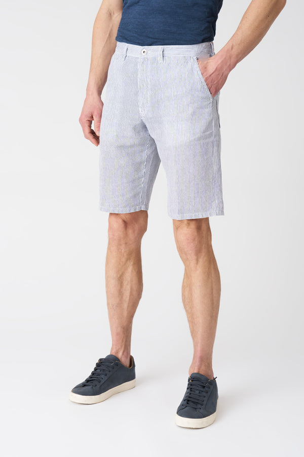 120% Lino Navy Stripe Linen Short WHITE