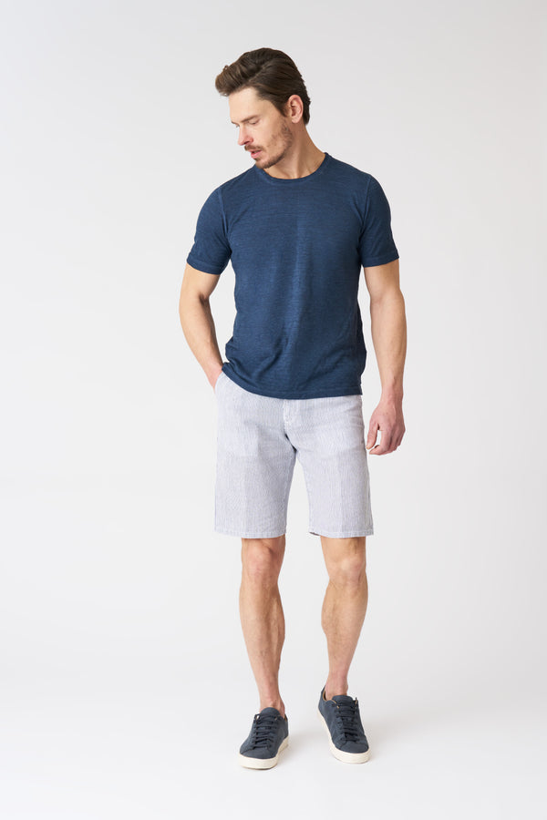 120% lino Navy Stripe Linen Short WHITE