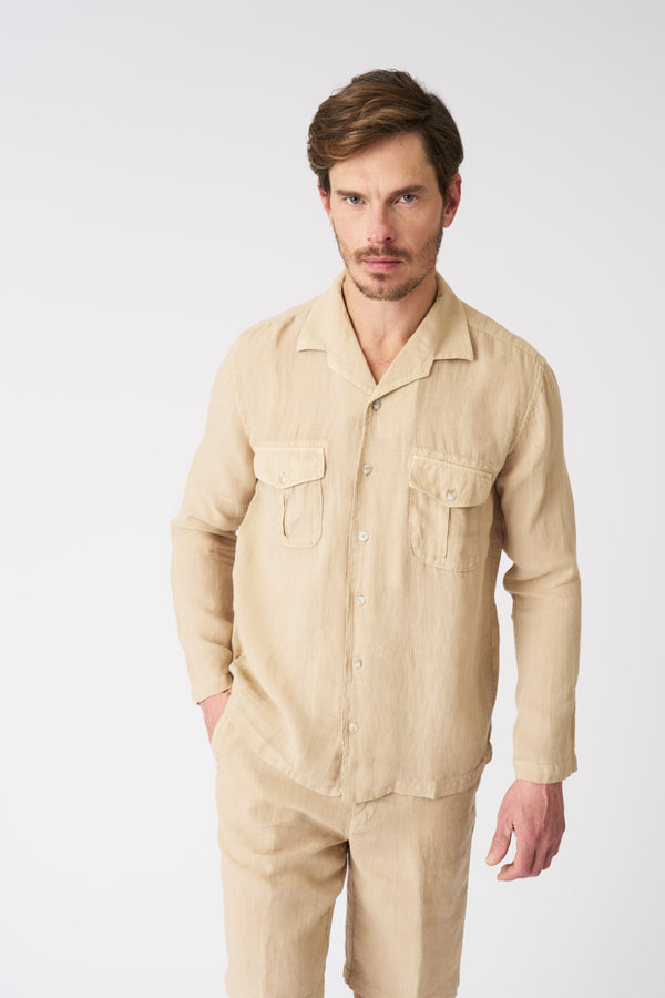 120% lino Notched Collar Regular Fit Shirt CACTUS