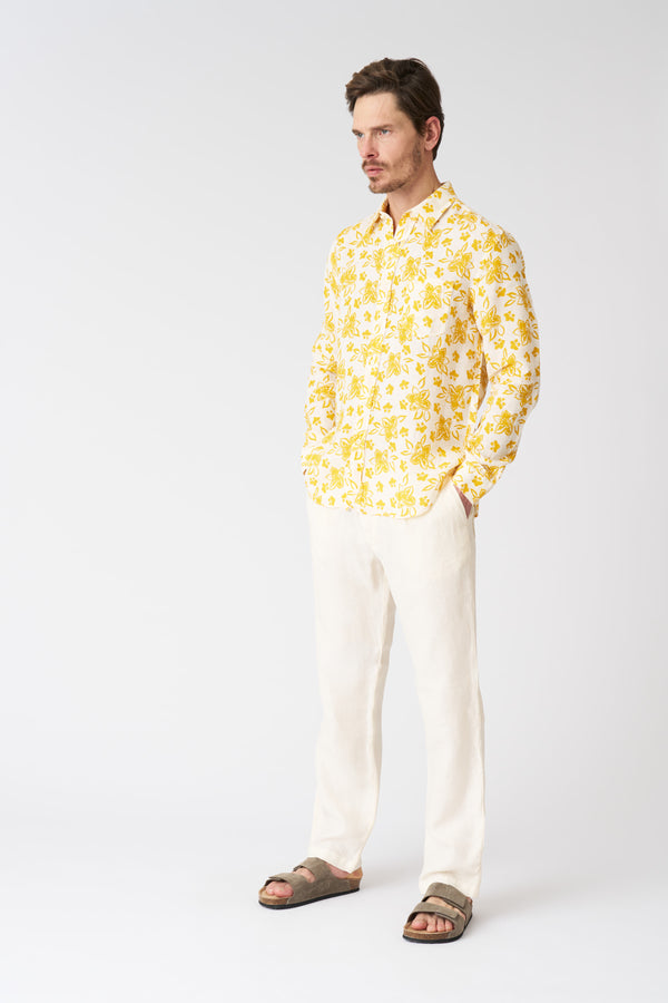 120% Lino Painted Flower Regular Fit Shirt ECRU