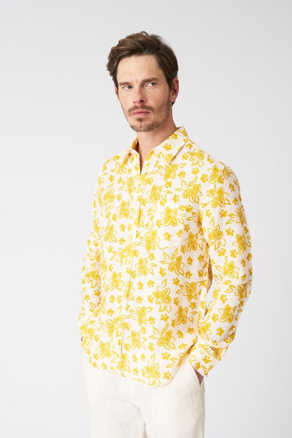 120% lino Painted Flower Regular Fit Shirt ECRU