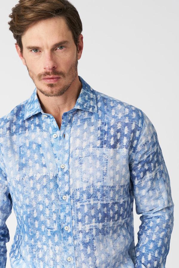 120% Lino Patchwork Effect Slim Fit Shirt AIR